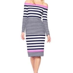 Eliza J Off The Shoulder Midi Dress Blue White Pink Stripe Size 4